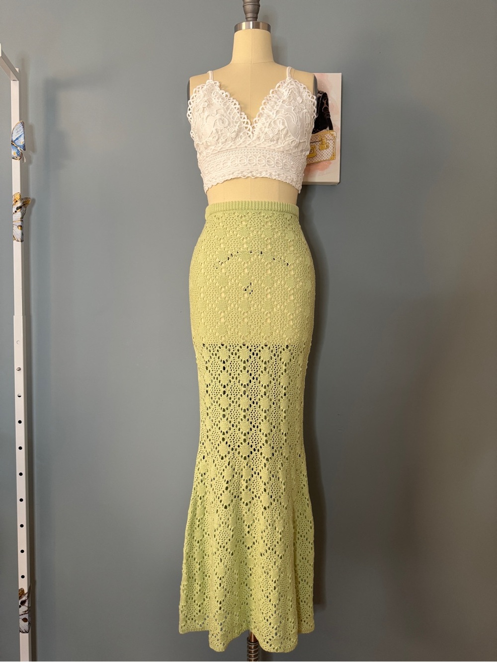 188 • Mermaid Crochet Maxi Skirt | Avocado Green Maxi Skirt - Picture 3 of 6